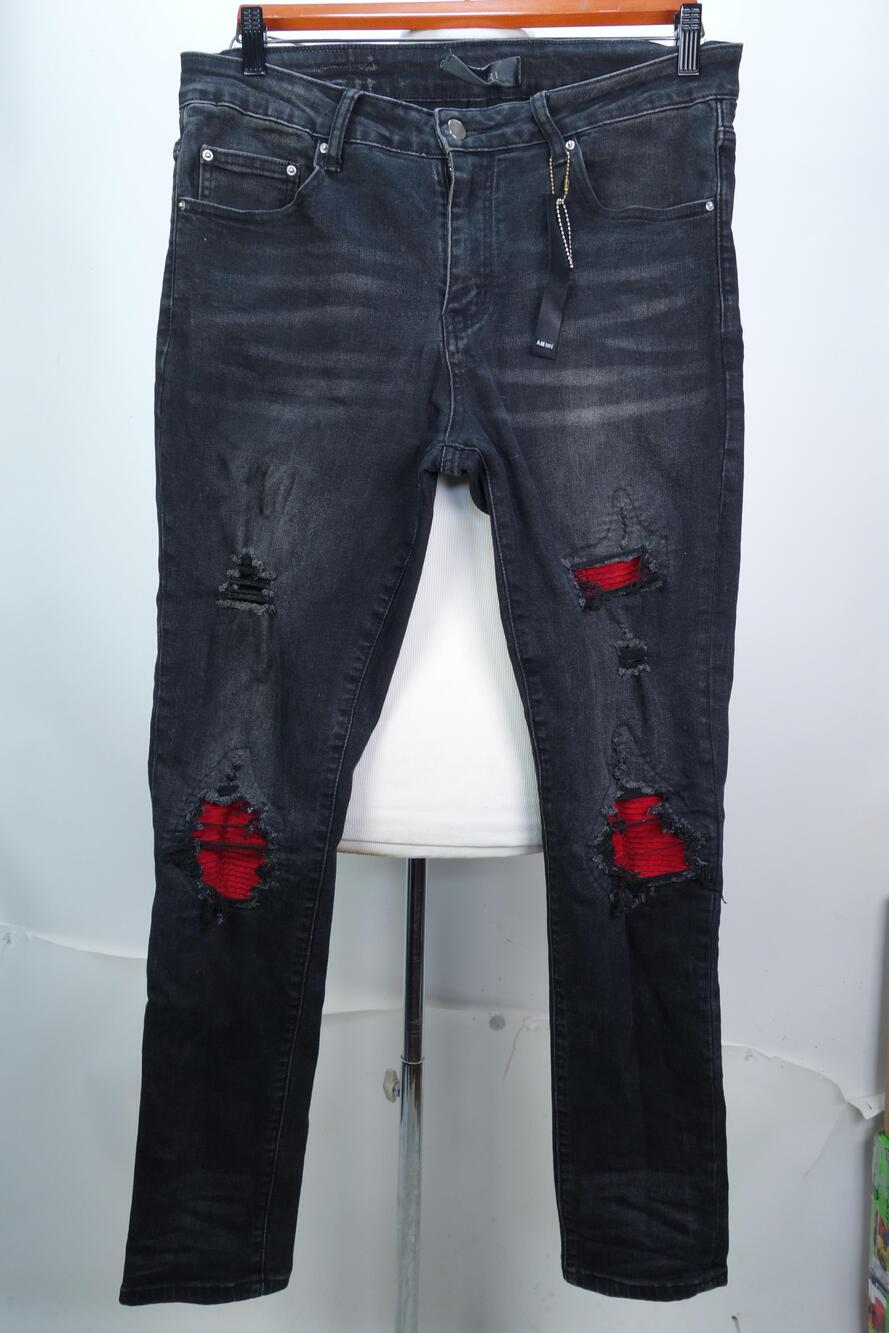 AMIRI Jeans Mens 34x32 Black Charcoal Wash Distressed Skinny Denim Red Knees